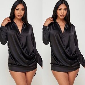 NEW TRENDY SATIN BLACK HIGH LOW COLLAR LONG SLEEVE DROP BUTTON DOWN SHIRT DRESS